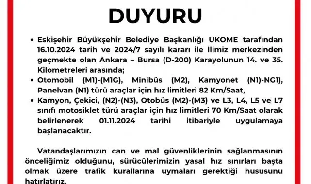 Eskişehir'den geçen Ankara-Bursa karayolundaki hız limiti düşürüldü