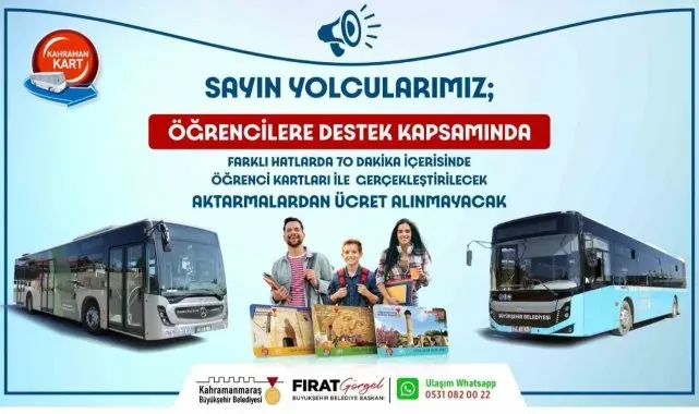 Kahramanmaraş'ta 70 dakika içerisinde aktarma öğrenciye ücretsiz